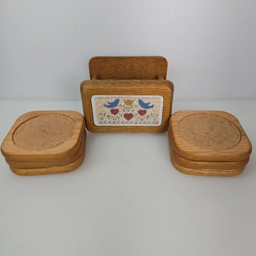 VTG Wood Coaster Set with Holder 6 Cork Coasters Blue Birds & Hearts Cottagecore